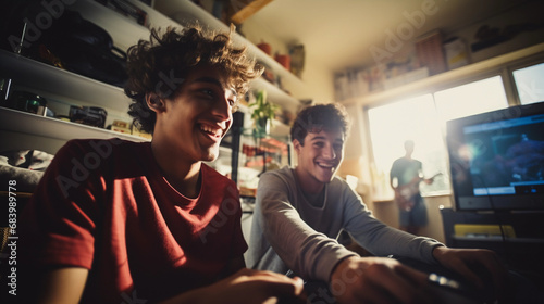 Friends gaming at home. Gamers smiling and playing video games in apartment.