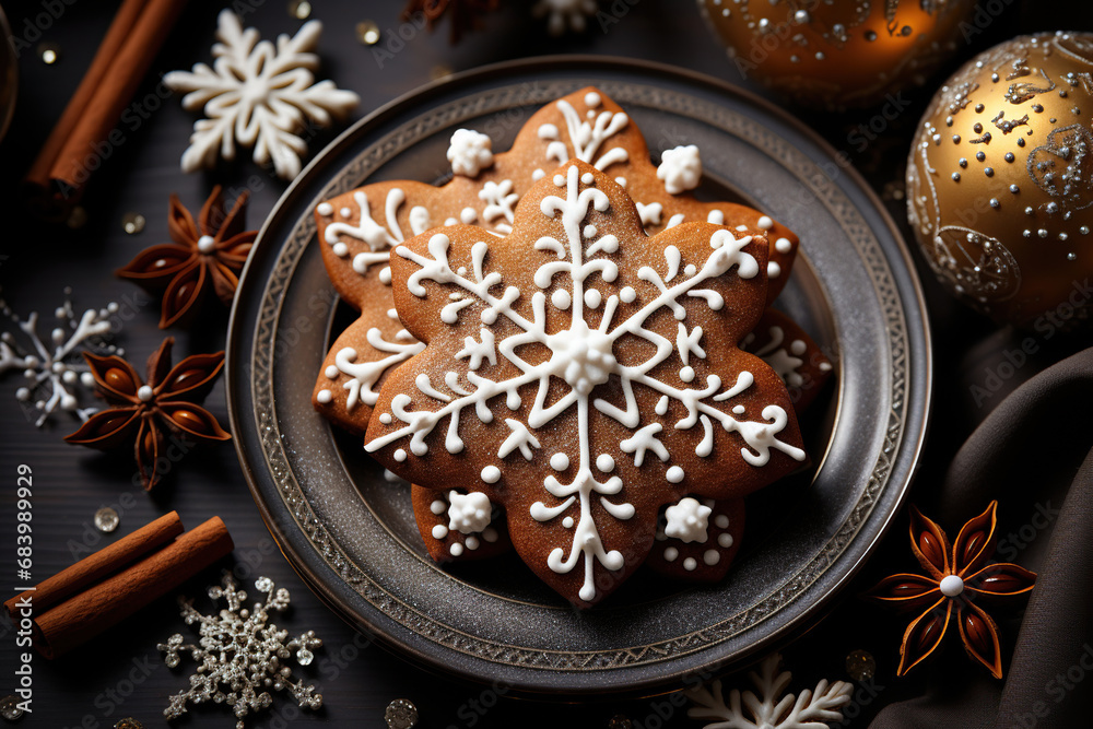 Christmas gingerbread cookies with beautiful patterns, New Year's atmosphere. Top view. Generative AI. Christmas gingerbread cookies with beautiful patterns, New Year's atmosphere. Top view. Generative AI.