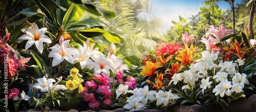 In the lush green garden of Hawaii, surrounded by vibrant flowers of every color, Lei meticulously designs stunning floral arrangements, a true beauty of nature, to bring the essence of summer and photo