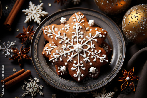 Christmas gingerbread cookies with beautiful patterns, New Year's atmosphere. Top view. Generative AI.