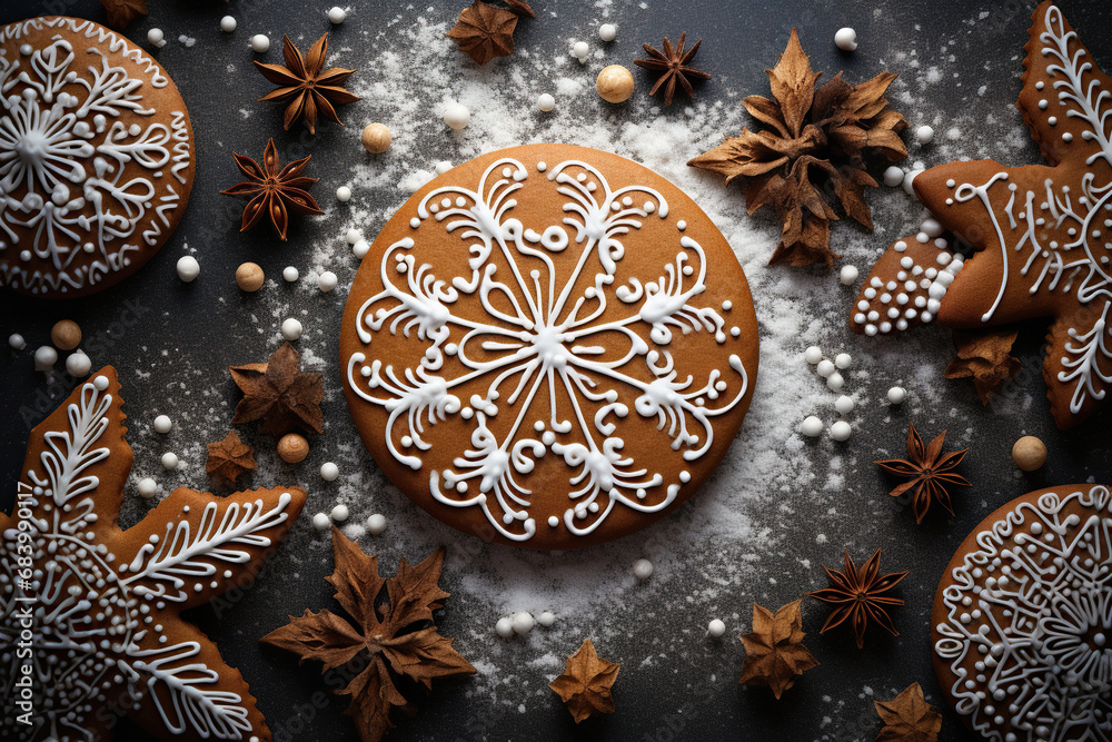 Christmas gingerbread cookies with beautiful patterns, New Year's atmosphere. Top view. Generative AI.