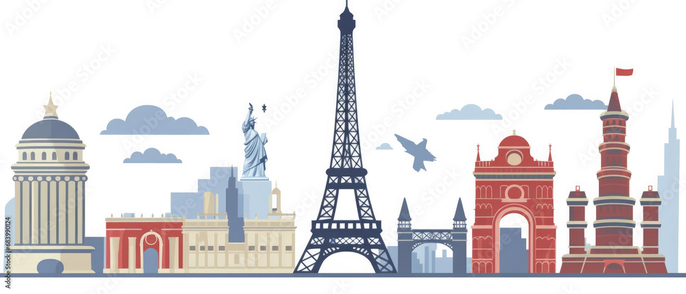France Famous Landmarks Skyline Silhouette Style, Colorful, Cityscape, Travel and Tourist Attraction