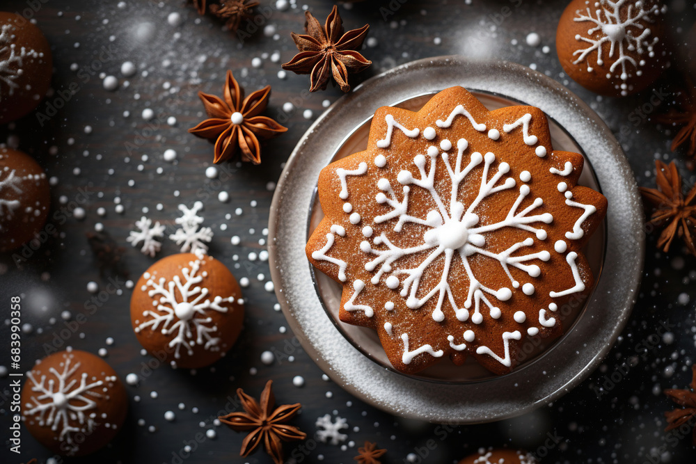 Christmas gingerbread cookies with beautiful patterns, New Year's atmosphere. Top view. Generative AI. Christmas gingerbread cookies with beautiful patterns, New Year's atmosphere. Top view. Generative AI.