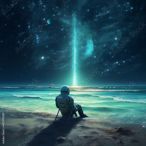 astronaut watching the night sky at the alien planet beach