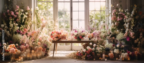 In the vintage garden, adorned with white and pink floral arrangements, the designer captured the natural beauty of the colorful flowers in the summer and spring, creating a stunning display that