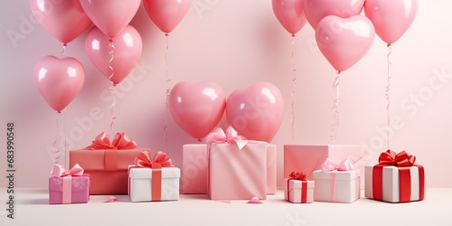 valentine's day advertisement, heart shapped balloons on pink background
