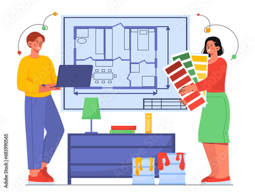 Interior designer with blueprint vector concept