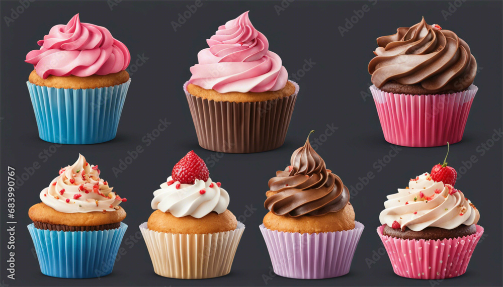 set of cupcakes with cream set of cupcakes with cream