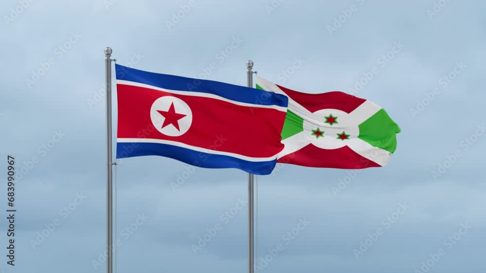 Burundi flag and North Korea flag waving together on cloudy sky, endless seamless loop, two country relations concept Burundi flag and North Korea flag waving together on cloudy sky, endless seamless loop, two country relations concept