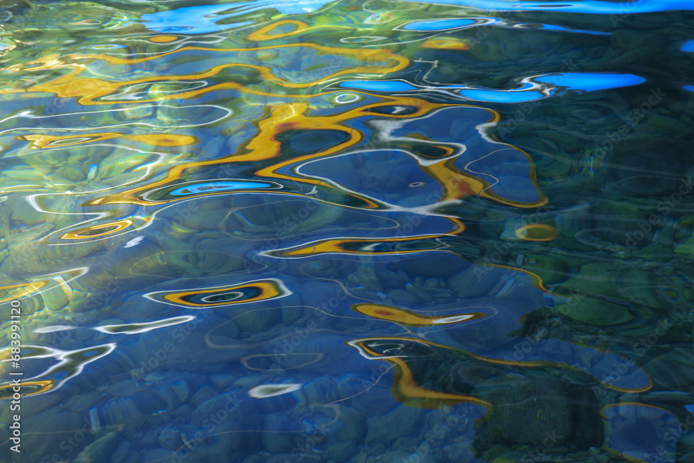 Blue water with yellow green ripples on the surface. Defocused blurred colorful transparent water surface texture. Blue water with yellow green ripples on the surface. Defocused blurred colorful transparent water surface texture.