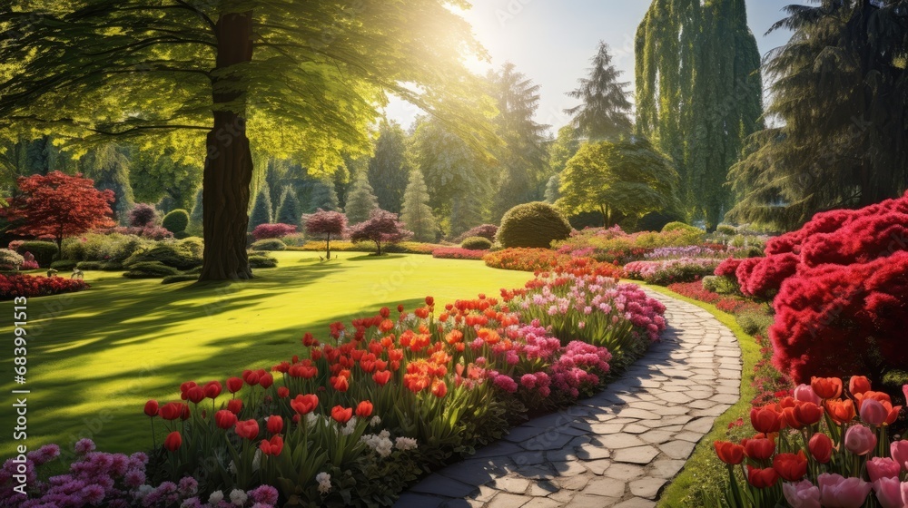In the vibrant field of the beautiful Canadian garden, a colorful display of nature unfolds as the red, pink, and yellow flowers bloom, painting the green landscape with their natural beauty.