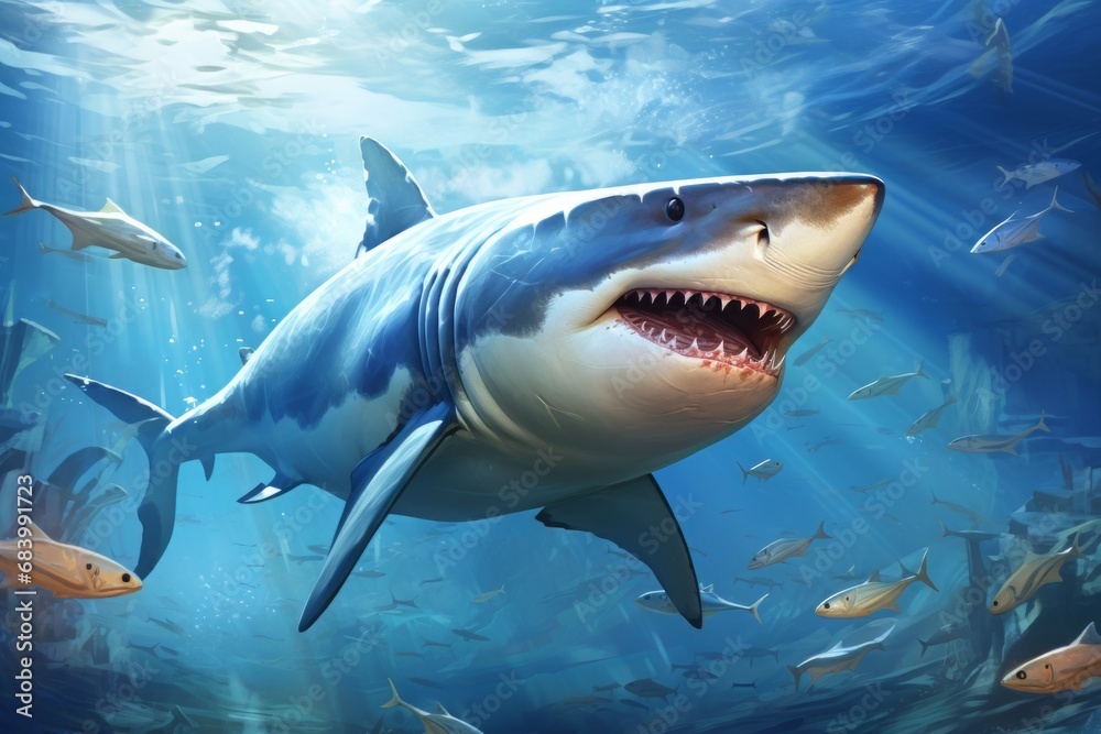 Fototapeta premium Sublime Power. Graceful Shark Gliding in Crystal Clear Blue Waves, Captivating Oceanic Encounter