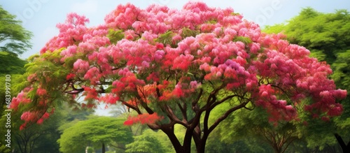 In the lush green garden amid the African summer, a beautiful mimosa tree stands tall, adorned with vibrant silk-like petals in white, pink, and red, adding a pop of color to the tropical natural