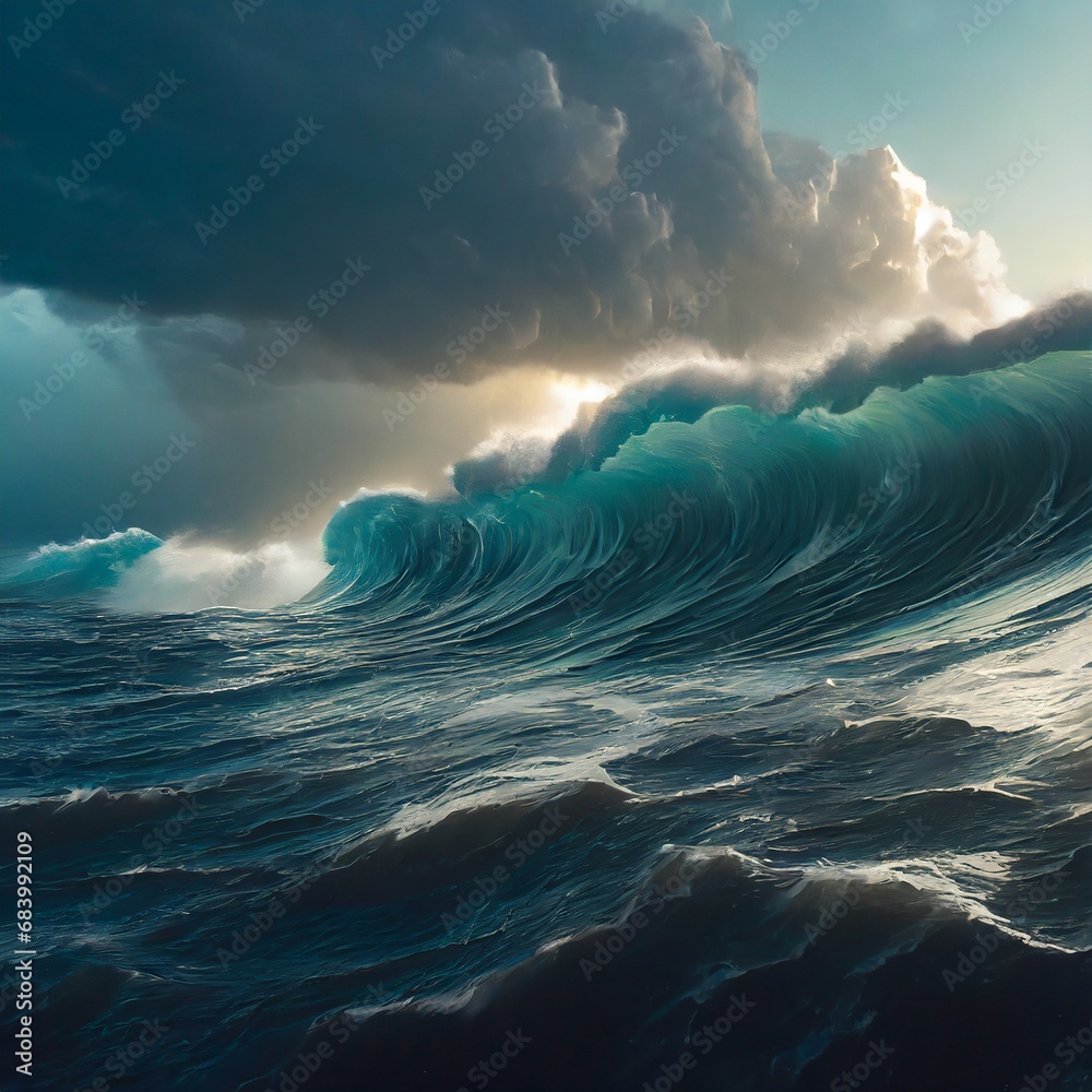 Fototapeta premium Gigantic blue tsunami waves on the ocean surface. Dark stormy sky. 