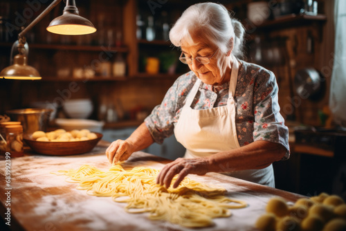 Image showcasing the expertise of a senior woman as she expertly shapes and cuts homemade pasta, a celebration of tradition and flavor in the heart of her kitchen.