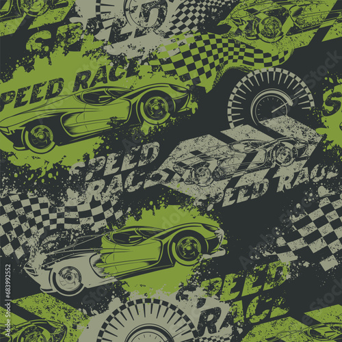 Speed race seamless cars pattern on grunge textured background with chequered flag, shabby, spray paint ink. Street art style wheel auto repeated backdrop. Red and blue sport car