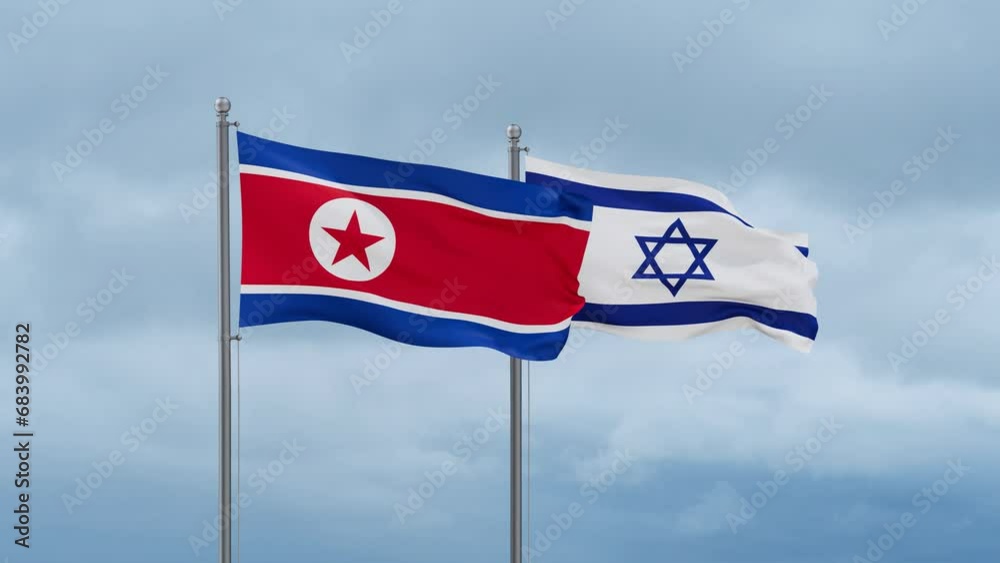 Israel flag and North Korea flag waving together on cloudy sky, endless seamless loop, two country relations concept Israel flag and North Korea flag waving together on cloudy sky, endless seamless loop, two country relations concept
