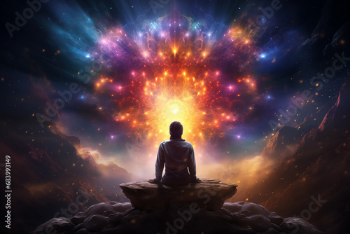 Vászonkép cosmic rebirth, life creation through, deep meditation and chakras, focus point,