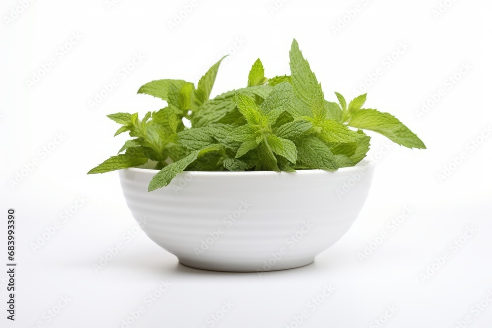 Refreshing Delights: Peppermint Pleasure in a Crisp White Bowl Generative AI Refreshing Delights: Peppermint Pleasure in a Crisp White Bowl Generative AI