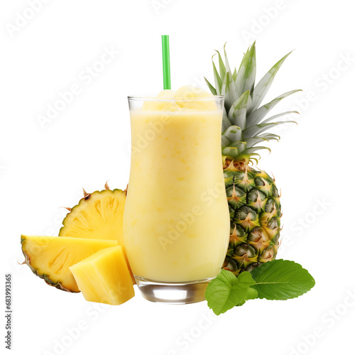 Glass of delicious pineapple smoothie with pineapple decoration isolated on transparent background
