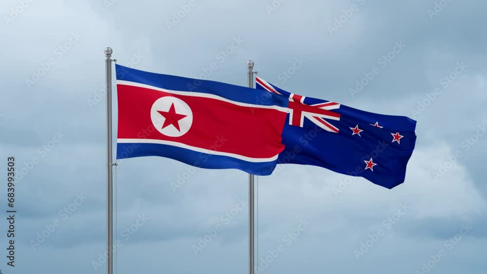 New Zealand and North Korea flag waving together on cloudy sky, endless seamless loop, two country cooperation concept New Zealand and North Korea flag waving together on cloudy sky, endless seamless loop, two country cooperation concept