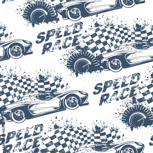 Speed race seamless cars pattern on grunge textured background with chequered flag, shabby, spray paint ink. Street art style wheel auto repeated backdrop. Red and blue sport car