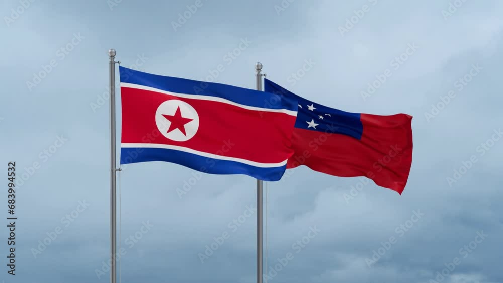Samoa and North Korea flag waving together on cloudy sky, endless seamless loop, two country cooperation concept Samoa and North Korea flag waving together on cloudy sky, endless seamless loop, two country cooperation concept
