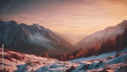 beautiful landscape with mountains and nature, during sun set, warm colors