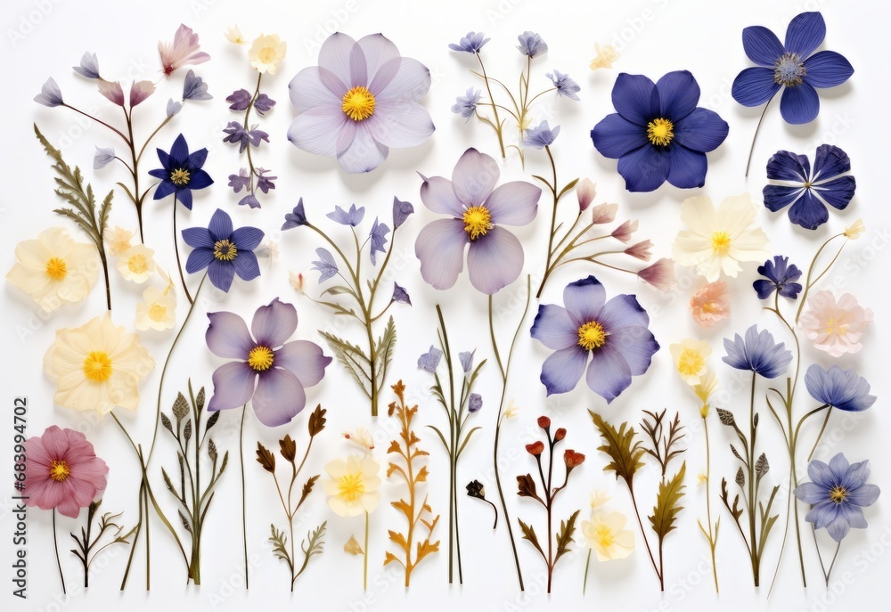 Enchanting Display: Vibrant Flowers Blossoming Against a Serene White and Blue Backdrop Generative AI