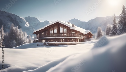 realistic image of a contemporary mountain retreat covered in fresh snow, with sunlight reflecting off the pristine white surface. © holdstillandclick