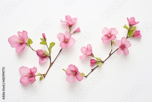 Delicate Quartet: A Close-up Capture of Four Small Pink Blooms Contrasting a Pure White Background Generative AI