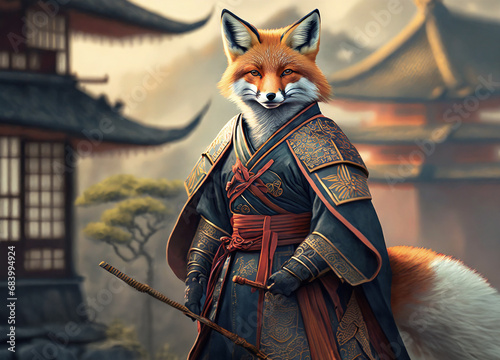 Illustration d'un renard debout en tenue d'un guerrier samouraï ou du soleil levant dans un décor traditionnel japonais le tout généré par l'intelligence artificielle