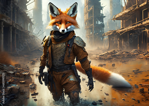 Illustration d'un renard debout en tenue de guerrier dans un décor de ville détruite le tout générée par l'intelligence artificielle photo