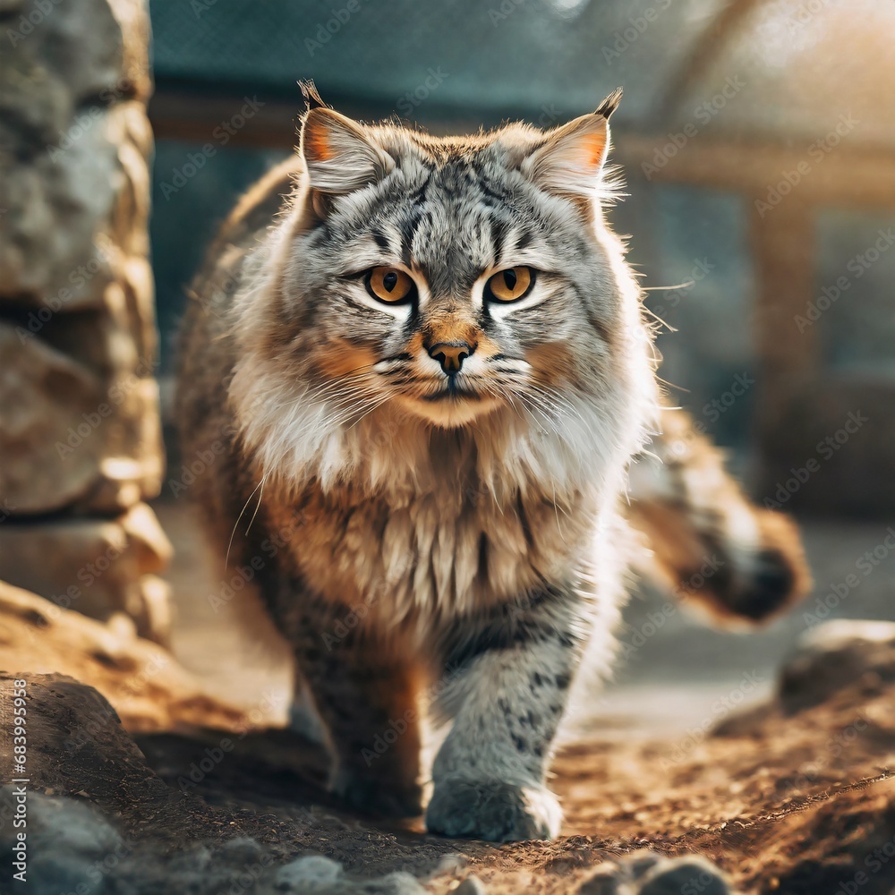 Angry looking gray manul pallas cat walking in the zoological garden. Angry looking gray manul pallas cat walking in the zoological garden.