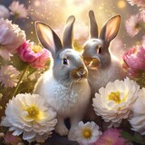 Two cute grey baby bunny rabbits in the garden, surrounded with flowers. Bright illustration in warm golden colours. 
