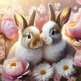 Two cute Easter bunnies in the garden, surrounded with flowers. Pastel bright springtime illustration. 