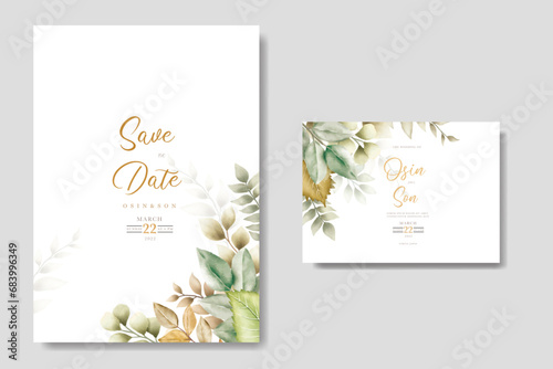  beautiful wedding card with green and golden leaves 