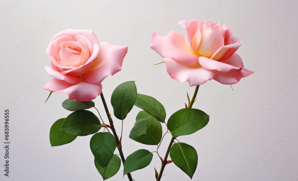 Exquisite Duo: Delicate Pink Roses Blooming on Lush Green Stems Generative AI Exquisite Duo: Delicate Pink Roses Blooming on Lush Green Stems Generative AI
