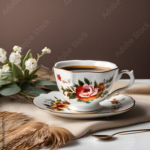 Vintage porcelain cup of hot coffee aromatic espresso on transparent background.