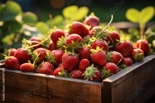 Strawberry in wooden box. Strawberry crop in wooden box. Advertising background for dishes with strawberry .