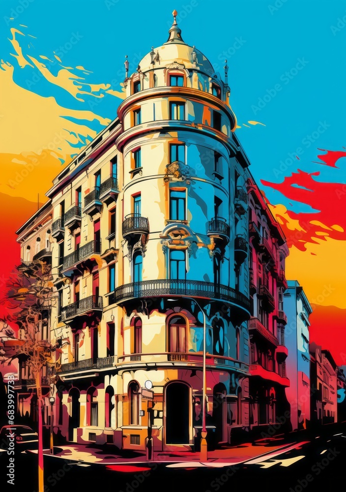 Naklejka premium Unveiling Barcelona's Architectural Magic: A Riot of Colors! Generative AI