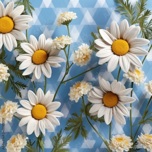 Radiant Yellow Daisies on Classic Blue Gingham  A Vintage Charm in Textiles  Generative AI