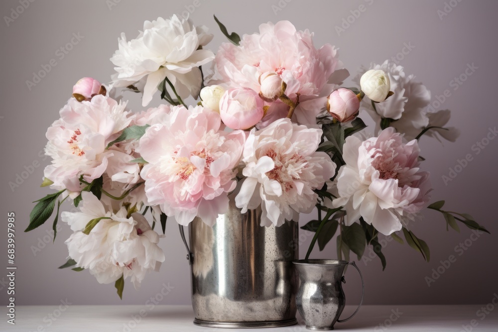Stunning Elegance: Exquisite Display of Pink & White Peonies in a Rustic Metal Vase Generative AI