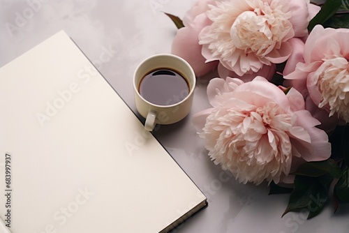 Revitalize Your Day: Coffee, Notebook and Peonies - A Perfect Blend for Success! Generative AI