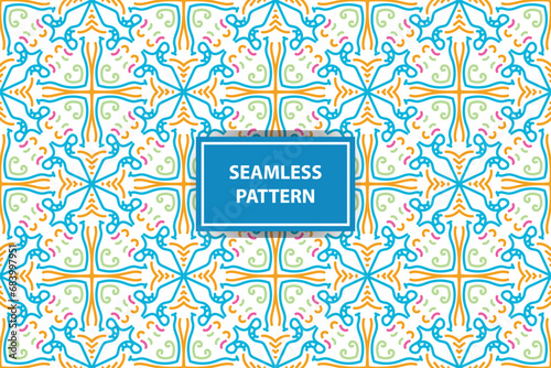 oriental pattern. White, blue, orange and pink background with Arabic ornaments. Patterns, backgrounds and wallpapers for your design. Textile ornament. Vector illustration.
