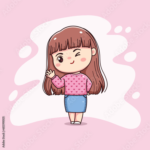 cute girl long hair with pink sweater greeting chibi kawaii