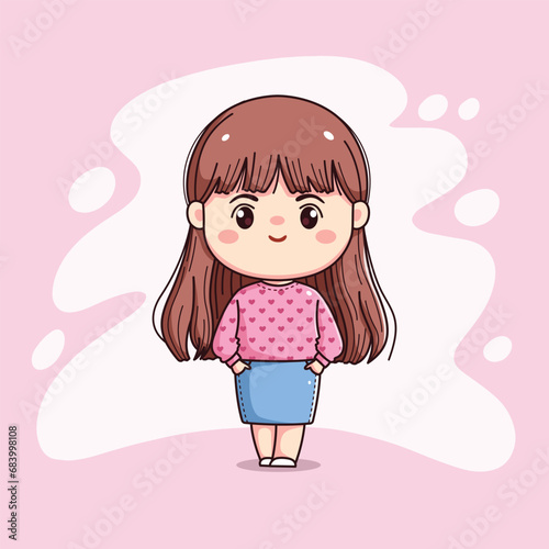 cute girl long hair with pink sweater standing chibi kawaii