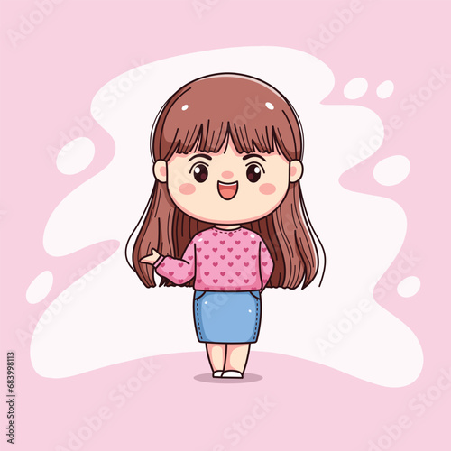 cute girl long hair with pink sweater showing something chibi kawaii