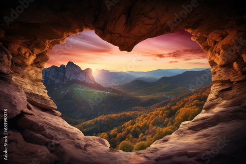 Heart-shaped cave and beautiful nature view. Background with selective focus and copy space
