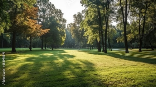 green manicured lawn of golf court in the morning sunrise.